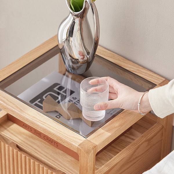 Japanese Style Bedside Storage Cabinet - Cherry Wood - Stainless Steel -  ApolloBox