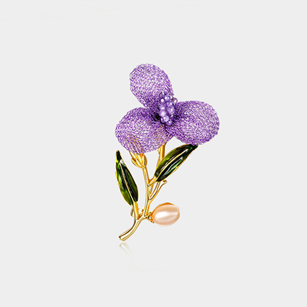 Flower Brooch - Alloy - Zircon - Purple
