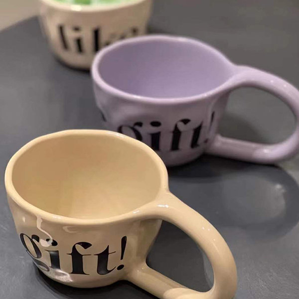 Letter Patterned Coffee Cup - Ceramic - Brown - Purple - White
