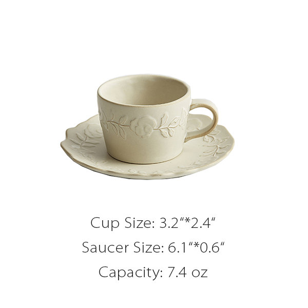 Embossed Ceramic Coffee Cups And Saucers - White - Green - 4 Colors