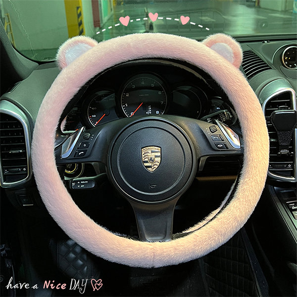 Cartoon Plush Steering Wheel Cover - Artificial Marten Hair - Pink - White  - ApolloBox