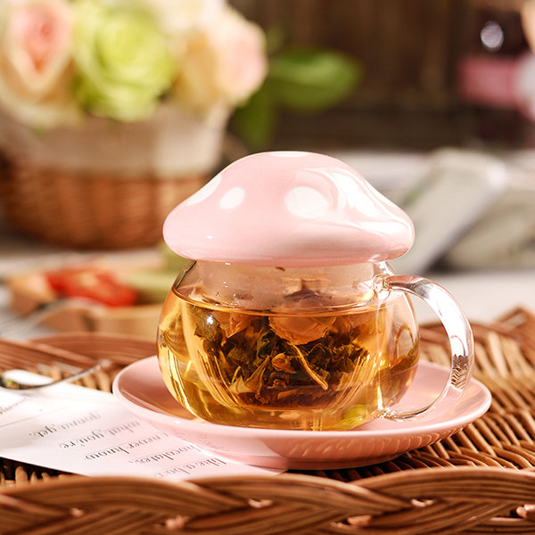 Mushroom Cup And Saucer Set - Glass - Ceramic - Pink - Orange - 4 Colors