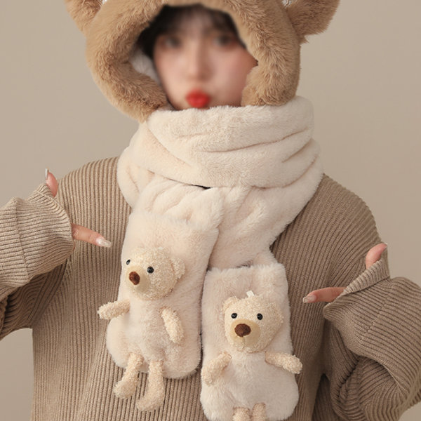 Bear Hat With Gloves And Scarf - Pink - Beige - 6 Colors