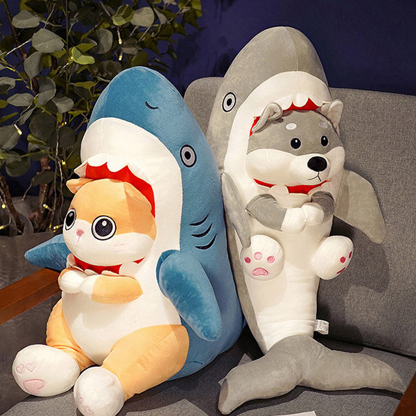 Shark And Dog Pillow - Plush - Gray - Blue