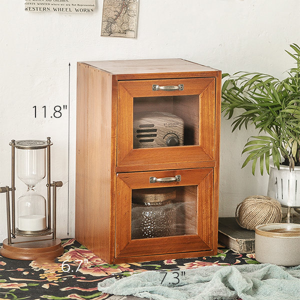 Desktop Storage Cabinet - Wood - Glass - 2 Drawers - Vintage - ApolloBox