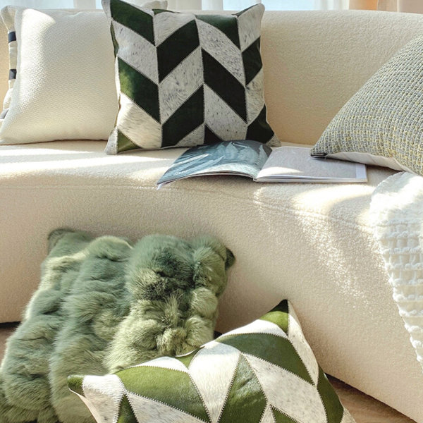Square Pillowcase - Polyester - Olive Green And  White