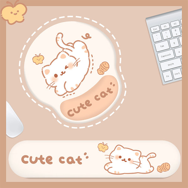 Cute Cat Mouse Pad And Keyboard Wrist Rest - Silicone - Sponge