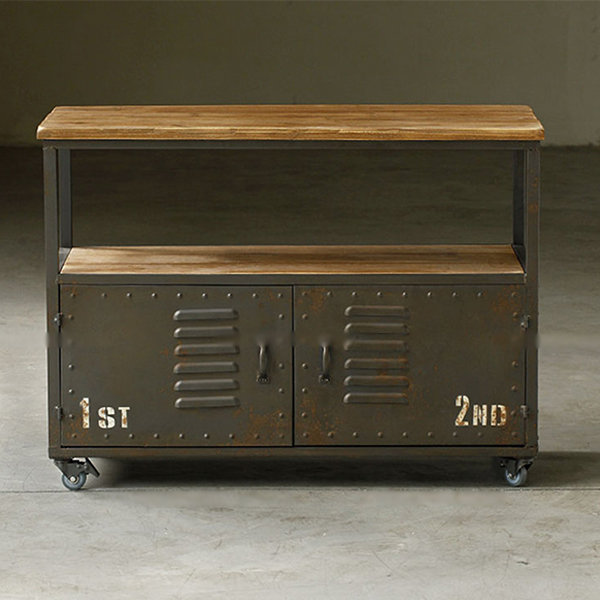 Double Shelf Military Style TV Stand - Wood - Metal - Smooth Wheels