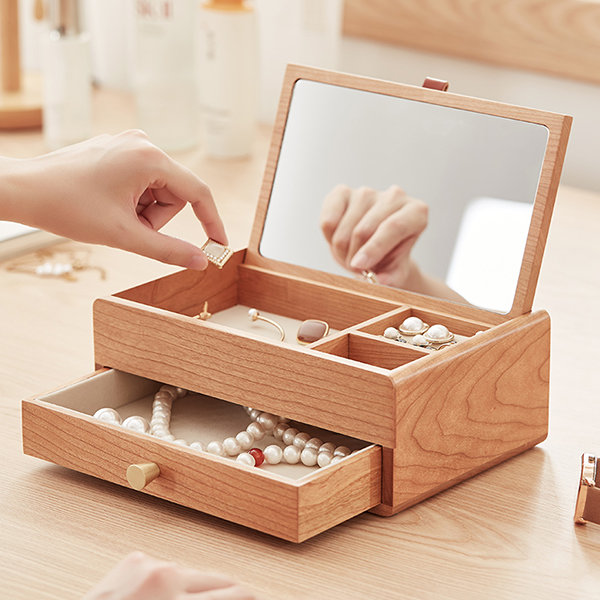 Simple Design Jewelry Box - Cherry Wood - Inside Lid Mirror from Apollo Box
