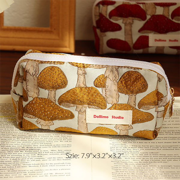 Mushroom Patterned Pencil Pouch - Large Capacity - Polyester - Red - Yellow  - ApolloBox