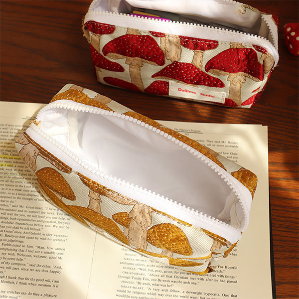 Mushroom Patterned Pencil Pouch - Large Capacity - Polyester - Red - Yellow  from Apollo Box