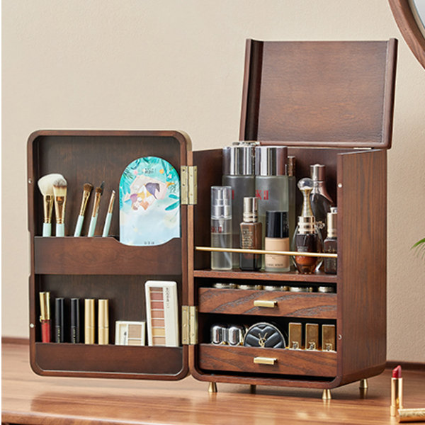 Makeup Organizer Solid Wood Makeup Organizer Box,Portable Large Capacity  Skincare Storage Cabinet with Mirror, Cosmetic Display Case with Drawers