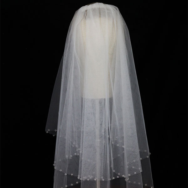 2 Tier Bridal Wedding Veil - Nylon - Beads - White - ApolloBox