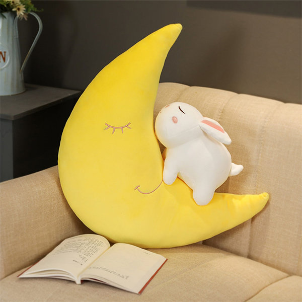 Moon And Rabbit Pillow - Down Cotton - Yellow And White