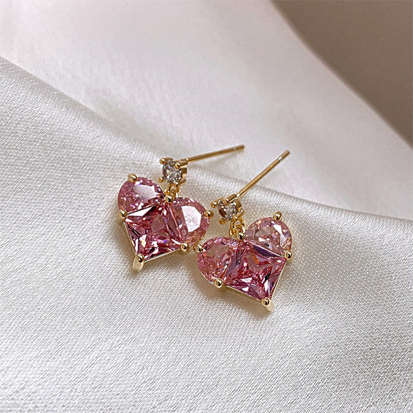 Earrings Pink Rhinestones Heart Shape Studs