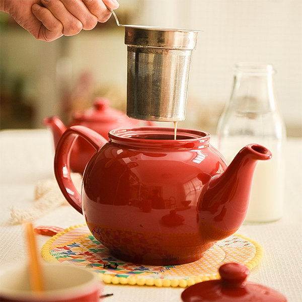 Ceramic Tea Kettle with Strainer Pink and Green Floral Painted Tea