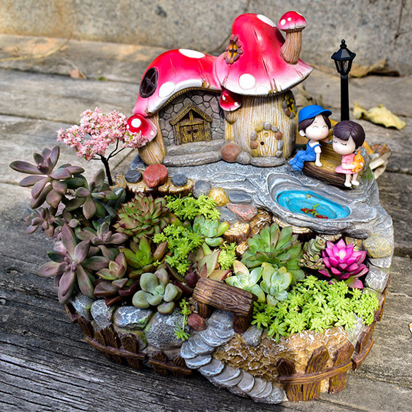 Solar Succulent Pot - Resin - Mushroom House - Castle - ApolloBox