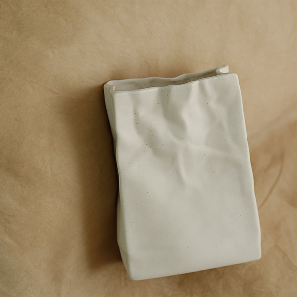Crinkle Paper Bag Shape Vase - Ceramic - Brown - Cream from Apollo Box