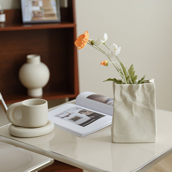 Crinkle Paper Bag Shape Vase - Ceramic - Brown - Cream from Apollo Box