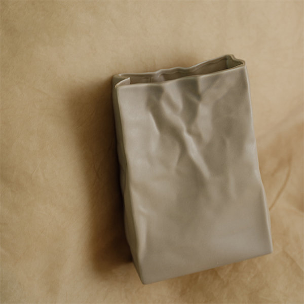 Crinkle Paper Bag Shape Vase - Ceramic - Brown - Cream from Apollo Box