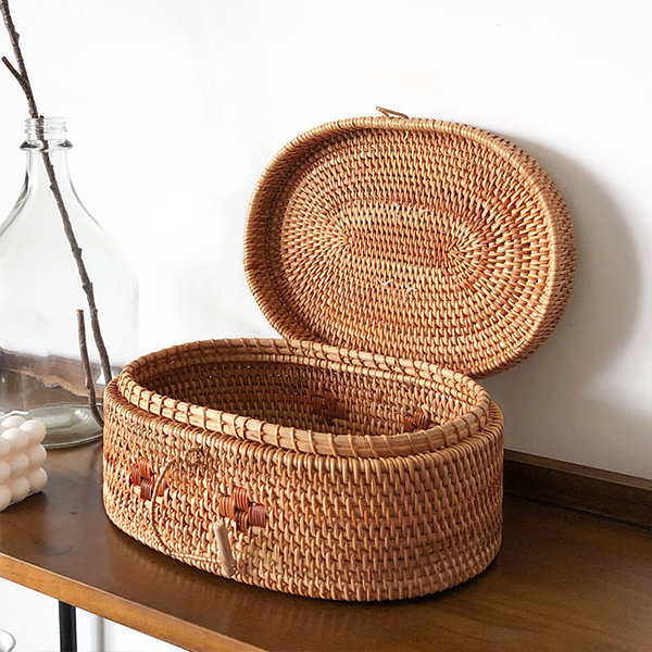 Woven Basket with Handle, Vietnam Traditional Handmade Rattan Wicker  Storage Basket