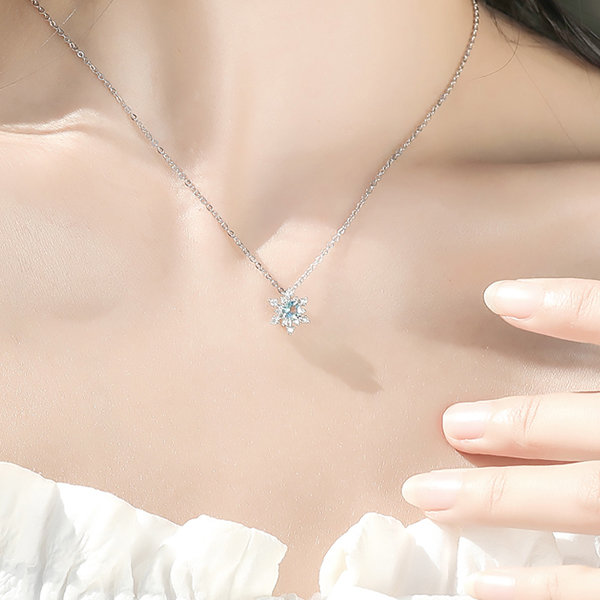 Gallery Gems Aquamarine Snowflake Necklace in Rhodium over Sterling Silver  1ctw