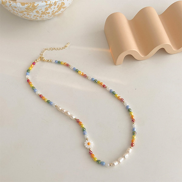 Colorful Pearl Necklace - Blue - Silver - Gold
