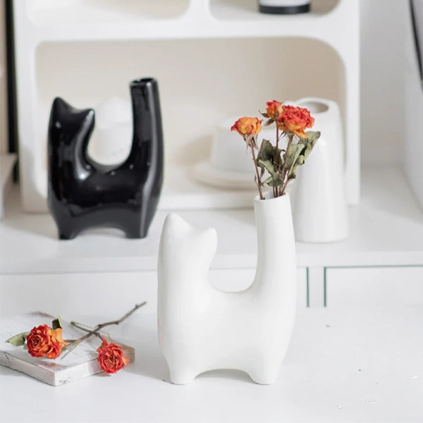 Cute Cat Vase - Ceramic - White - Black from Apollo Box