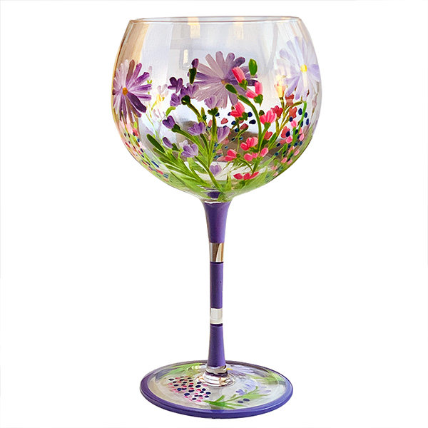 Wine Glass Hand Painted Purple Pansies Yellow Crystal Center Decorative  Glass x2