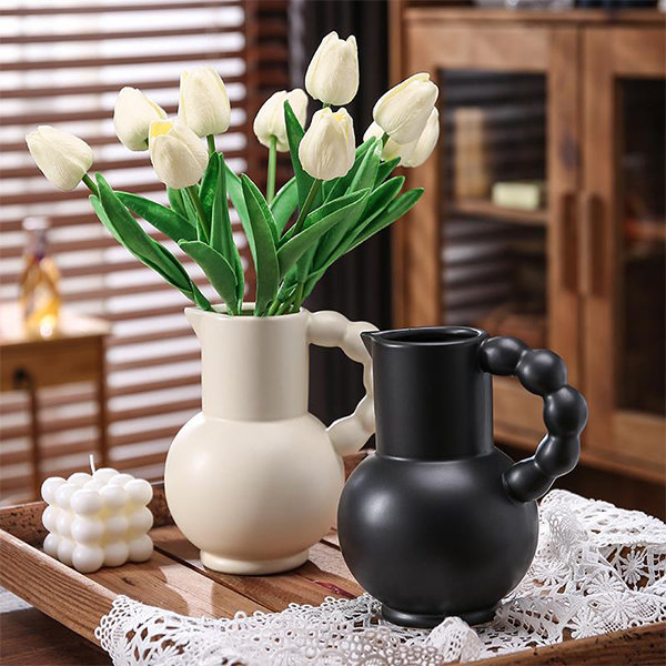 Handmade Vintage Vase - Ceramic - Milk Jug Shape - Beige - Black
