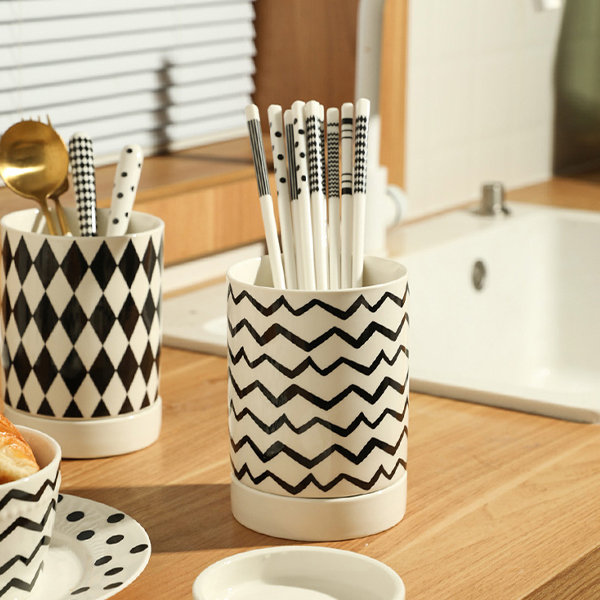 Patterned Tile Black and White Ceramic Kitchen Utensil Holder with Utensils