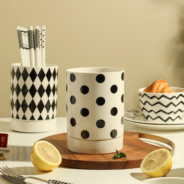 Patterned Tile Black and White Ceramic Kitchen Utensil Holder with Utensils