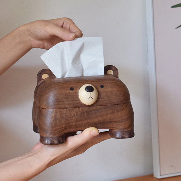 Cute Tissue Paper Box of Bear Doll on Wood Desk Stock Image