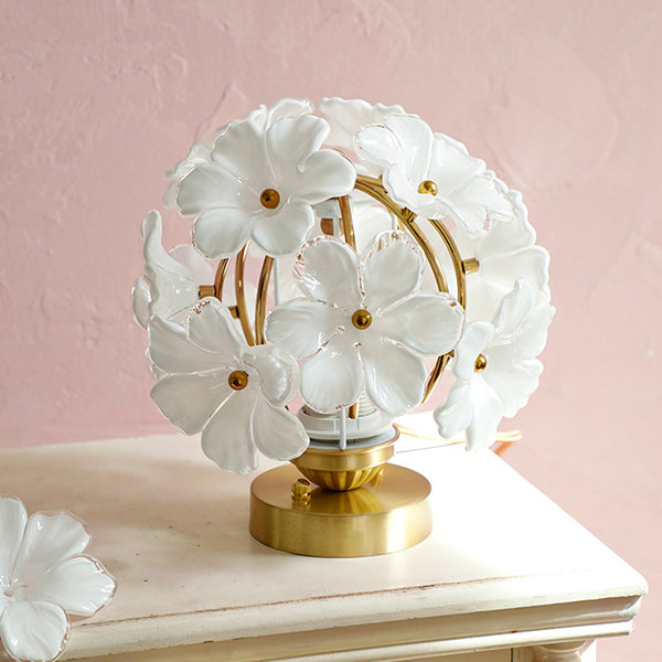 Vintage Flower Table Lamp - Copper - Glass - White