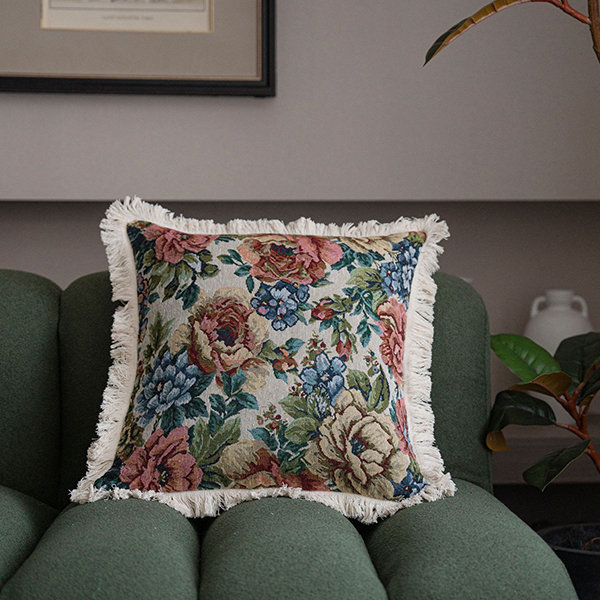 Flower Pattern Square Pillowcase - White Tassels - Soft Texture