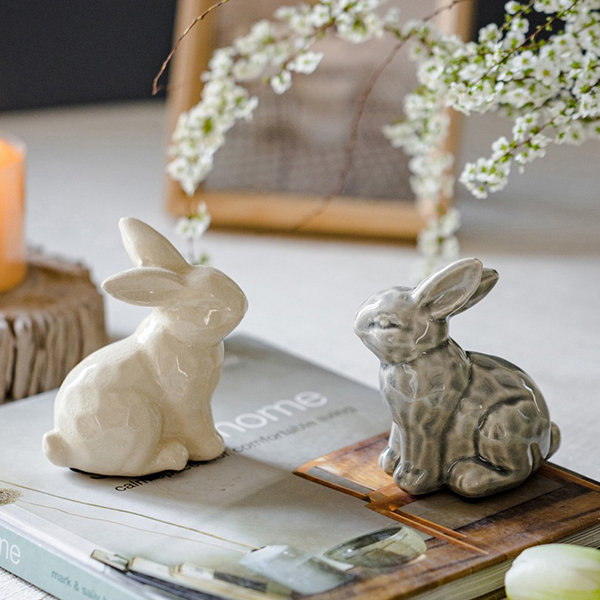 Cute Rabbit Decoration - Ceramic - White - Gray