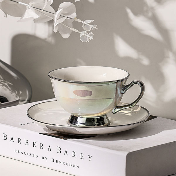 Silver Coffee Cup and Saucer Set - Ceramic - ApolloBox