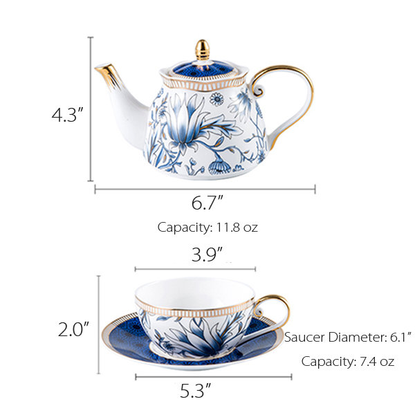 Blue Magnolia Tea Set - Ceramic - Golden Rim - ApolloBox