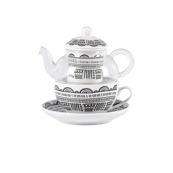 6-cup 2024 Teapot: Elegant black and white Paper Kite design on fine bone china