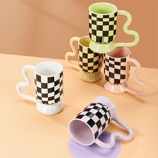 Checkerboard Ceramic Mug - White - Yellow - Purple - 5 Colors