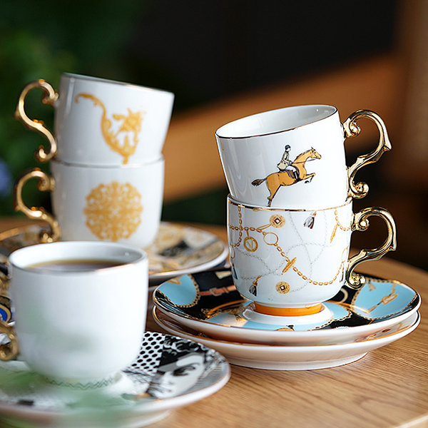 Ceramic Coffee Mug With Saucer And Spoon, Plaid Pattern Coffee