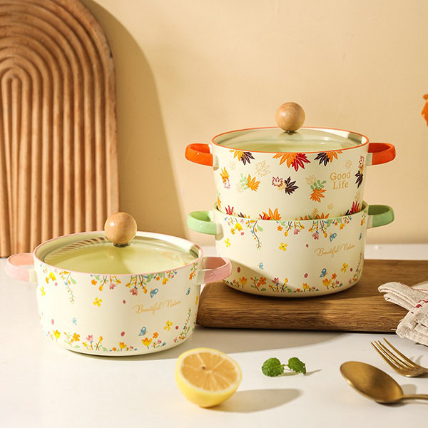 Ceramic Cooking Pot with Lid - Green - Orange - Kitchen Collection -  ApolloBox