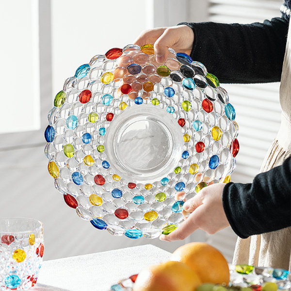 Transparent Fruit Bowl - With Ripple Texture - Glass - Wooden Base -  ApolloBox