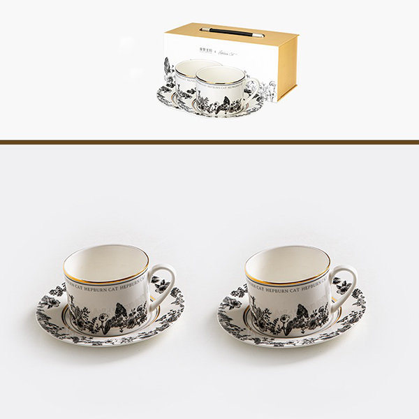 Flower Garden Cup Set - Ceramic - Black and White - 2 Cups and Saucers from  Apollo Box