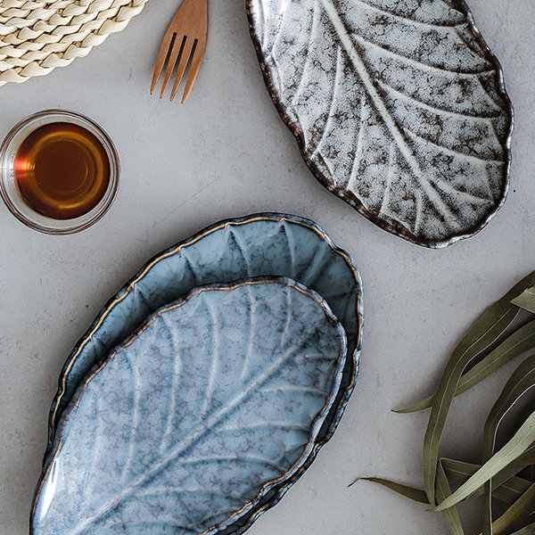 Art Pottery Leaf Plates w Textured Veins Hors high quality Doeuvres Snack Dishes Boho Artsy