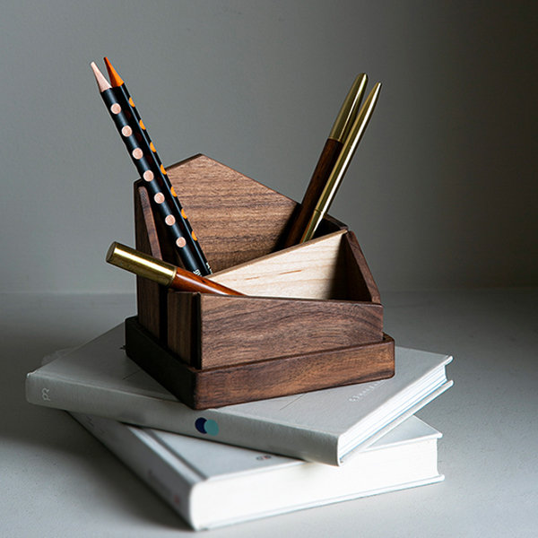 Walnut Wood Pen And Pencil Holder For Desk, Large Square Design Woo