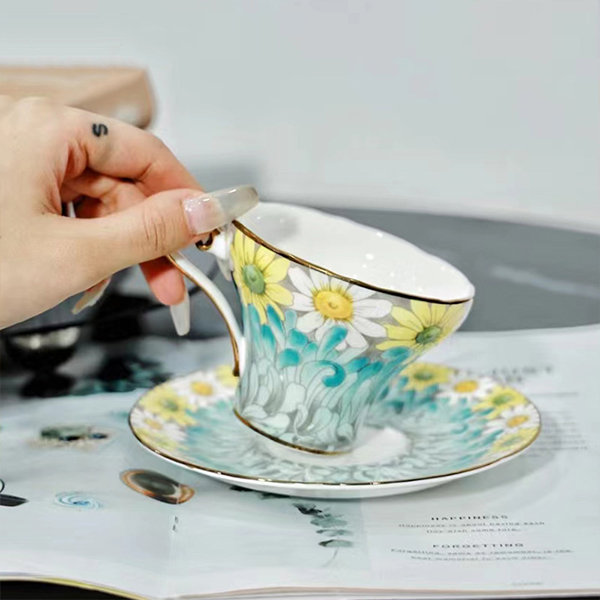 Pretty Flower Coffee Cup And Saucer Set - Pink - White - Blue from Apollo  Box