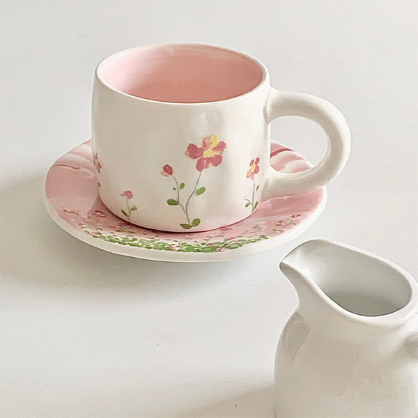 Pretty Flower Coffee Cup And Saucer Set - Pink - White - Blue from Apollo  Box