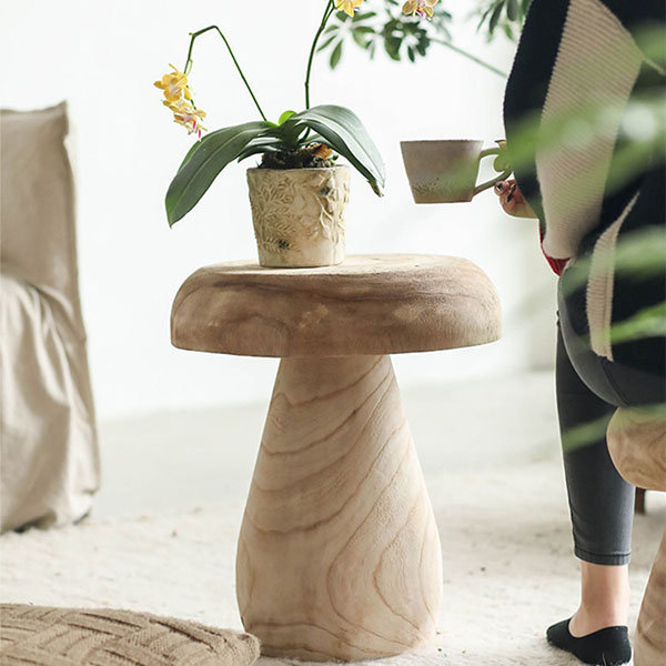 Wabi-sabi Style Side Table - Paulownia Wood - Cute Mushroom Design