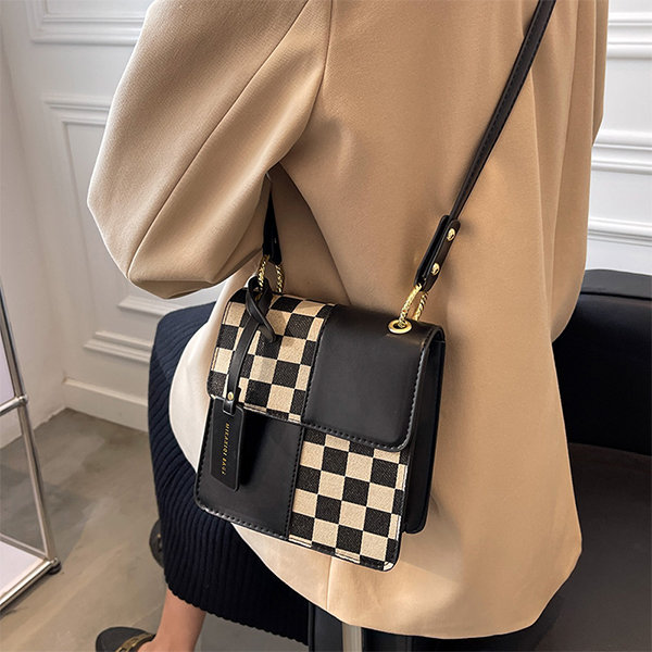 Black) Women Checkered Tote Shoulder Bag Purse PU Leather Handbag
